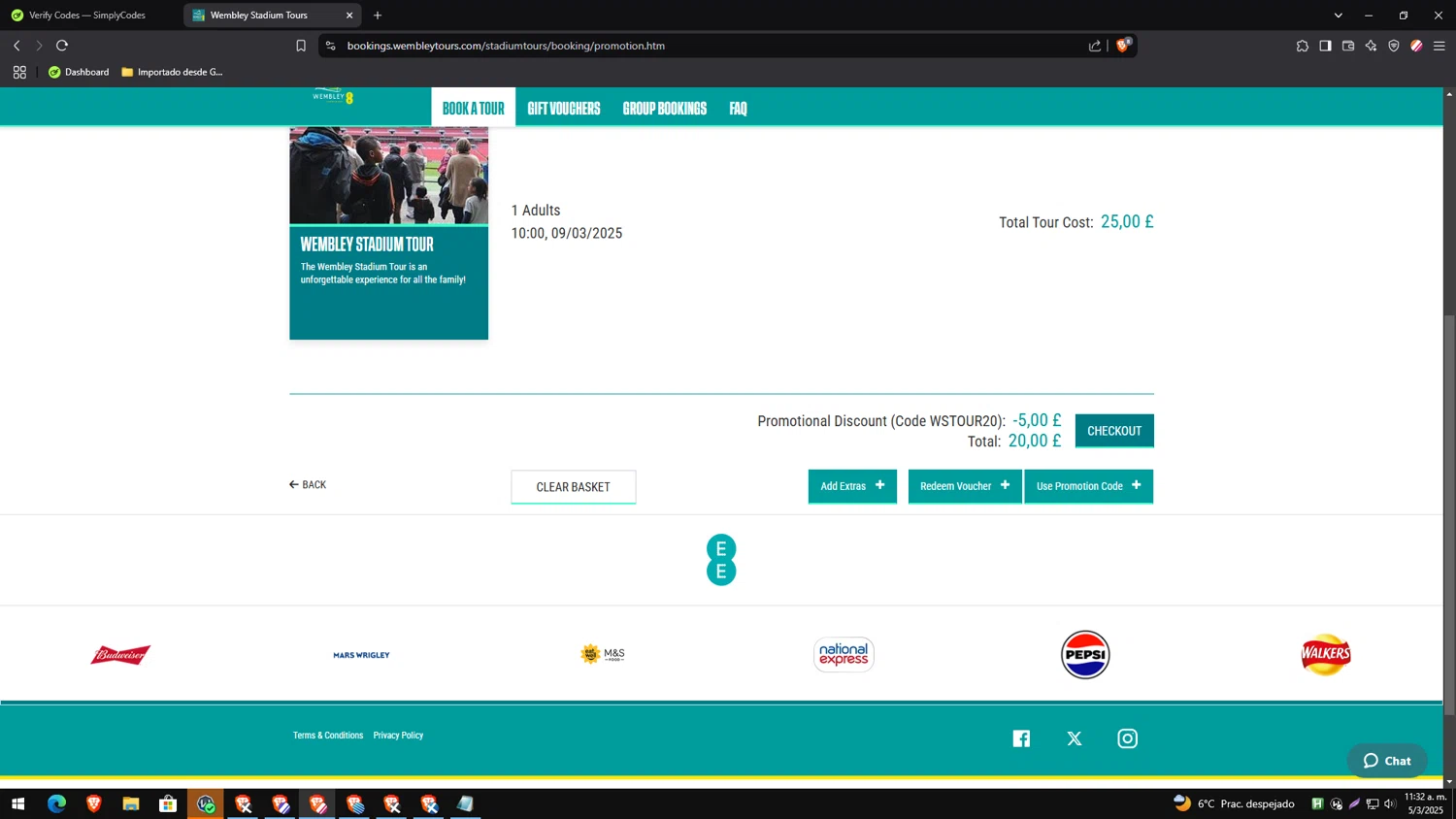 Wembley Stadium Tours promo code screenshot showing code WSTOUR20 applied at Wembley Stadium Tours checkout page. Uploaded by SimplyCodes community member CleverTracker4432 on Mar 5, 2025
