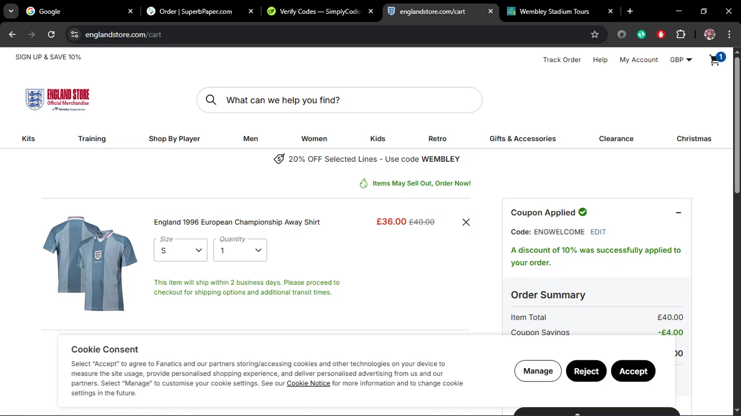 Wembley Stadium Tours checkout page showing Wembley Stadium Tours promo code box | Screenshot taken by SimplyCodes community member on Nov 25, 2025