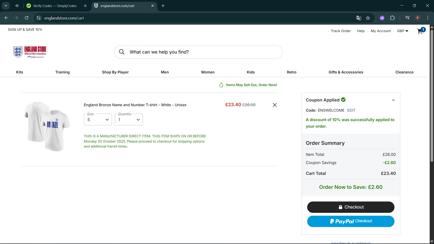 Wembley Stadium Tours checkout page showing Wembley Stadium Tours promo code box | Screenshot taken by SimplyCodes community member on Oct 13, 2025