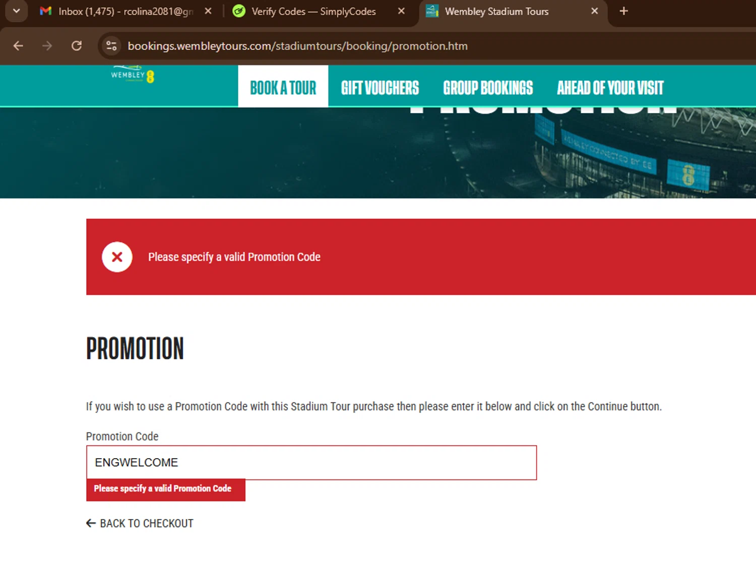 Wembley Stadium Tours promo code screenshot showing code ENGWELCOME applied at Wembley Stadium Tours checkout page. Uploaded by SimplyCodes community member SnoopDogg on Dec 5, 2025