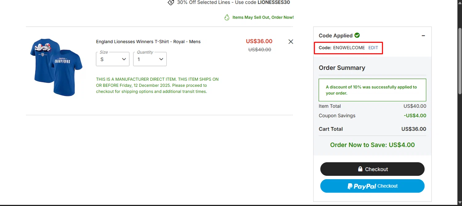 Wembley Stadium Tours promo code screenshot showing code ENGWELCOME applied at Wembley Stadium Tours checkout page. Uploaded by SimplyCodes community member noworries on Dec 5, 2025