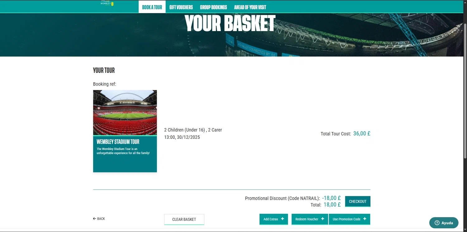 Wembley Stadium Tours promo code screenshot showing code NATRAIL applied at Wembley Stadium Tours checkout page. Uploaded by SimplyCodes community member Depressive on Dec 26, 2025