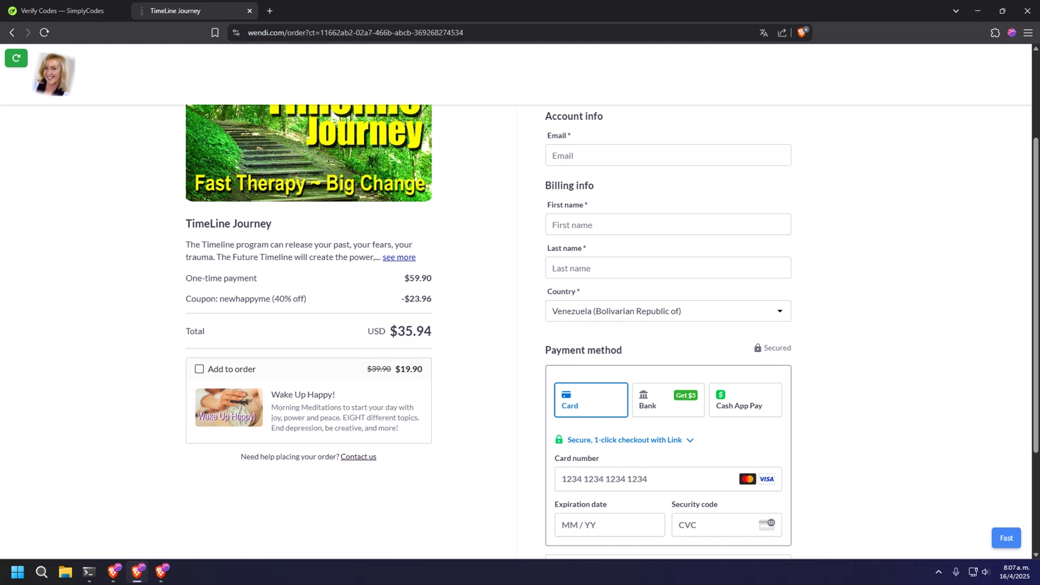 Wendi.com checkout page showing Wendi.com promo code box | Screenshot taken by SimplyCodes community member on Apr 16, 2025