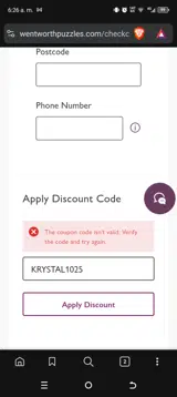 KRYSTAL1025 coupon verification screenshot
