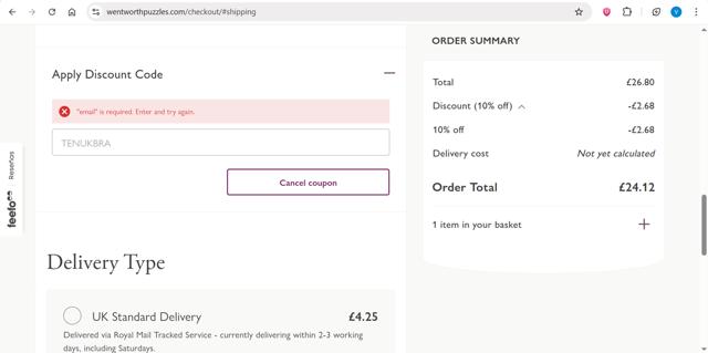 Wentworth Puzzles checkout page showing Wentworth Puzzles promo code box | Screenshot taken by SimplyCodes community member on Jul 20, 2025