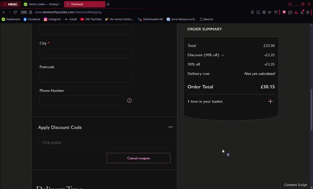 Wentworth Puzzles checkout page showing Wentworth Puzzles promo code box | Screenshot taken by SimplyCodes community member on Jun 7, 2025
