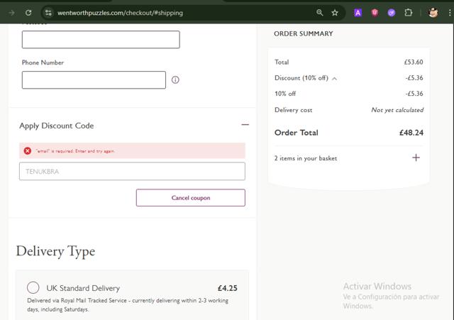 Wentworth Puzzles checkout page showing Wentworth Puzzles promo code box | Screenshot taken by SimplyCodes community member on Jun 14, 2025