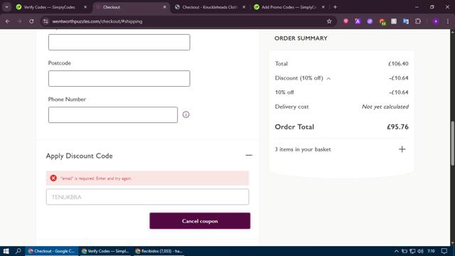 Wentworth Puzzles checkout page showing Wentworth Puzzles promo code box | Screenshot taken by SimplyCodes community member on Jun 14, 2025