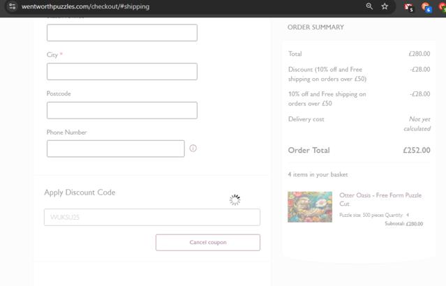 Wentworth Puzzles checkout page showing Wentworth Puzzles promo code box | Screenshot taken by SimplyCodes community member on May 24, 2025