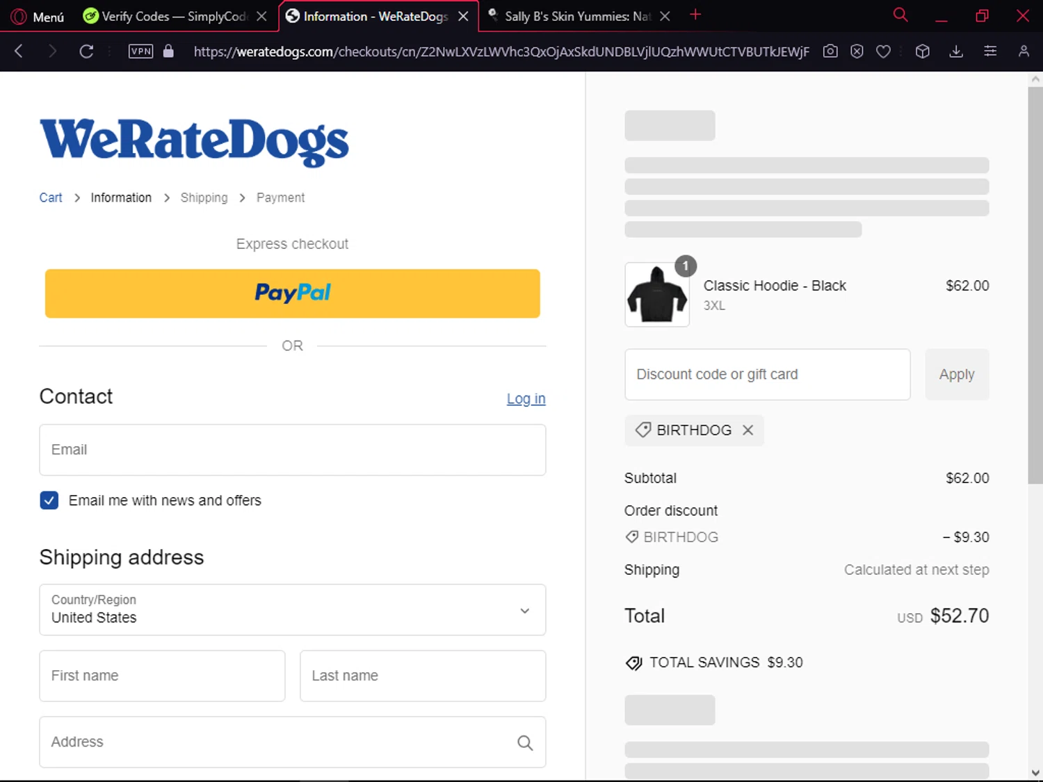WeRateDogs promo code screenshot showing code BIRTHDOG applied at WeRateDogs checkout page. Uploaded by SimplyCodes community member CodeSeeker9284 on Jan 5, 2025