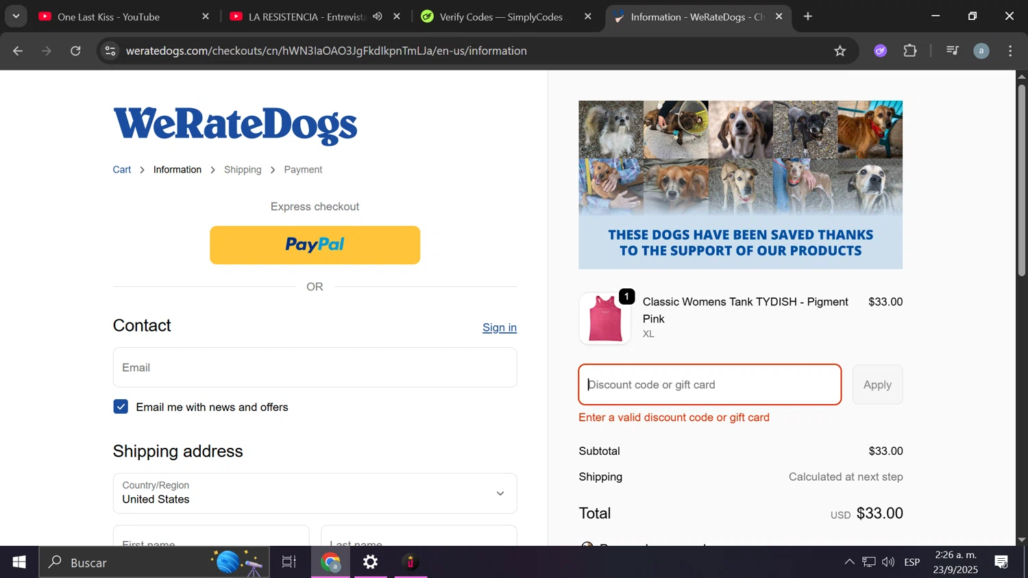 WeRateDogs promo code screenshot showing code DOUG10 applied at WeRateDogs checkout page. Uploaded by SimplyCodes community member Frizk_1 on Sep 23, 2025