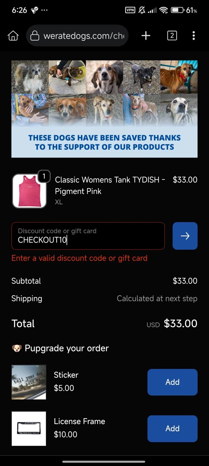 WeRateDogs promo code screenshot showing code CHECKOUT10 applied at WeRateDogs checkout page. Uploaded by SimplyCodes community member Diego_Soto on Sep 23, 2025