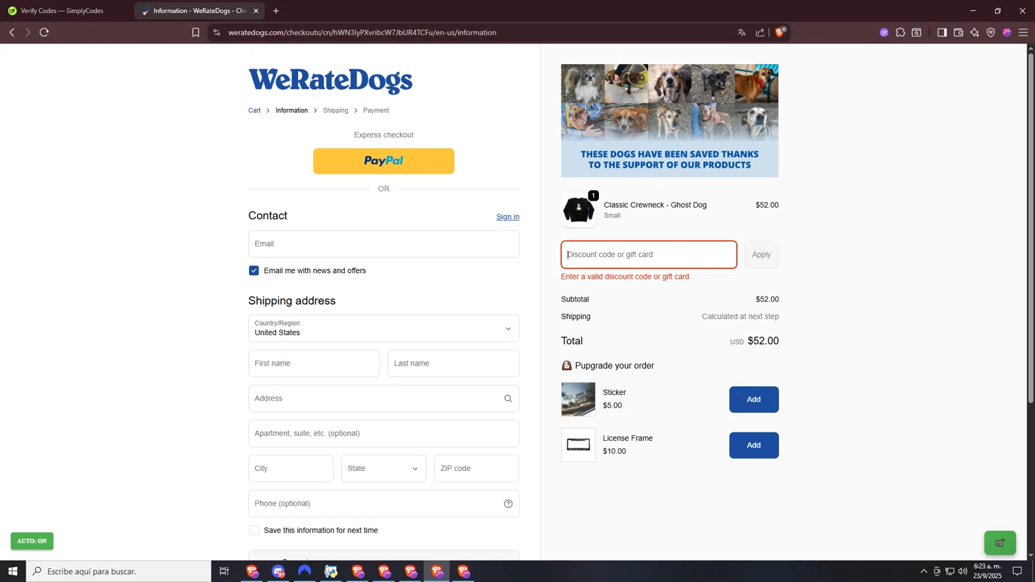 WeRateDogs promo code screenshot showing code CHECKOUT10 applied at WeRateDogs checkout page. Uploaded by SimplyCodes community member jakycham2020 on Sep 23, 2025