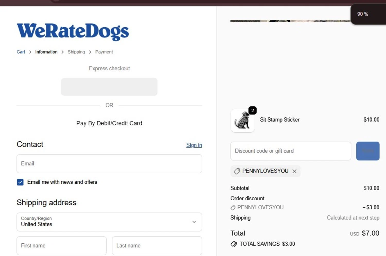 WeRateDogs promo code screenshot showing code PENNYLOVESYOU applied at WeRateDogs checkout page. Uploaded by SimplyCodes community member Pansito on Dec 20, 2025