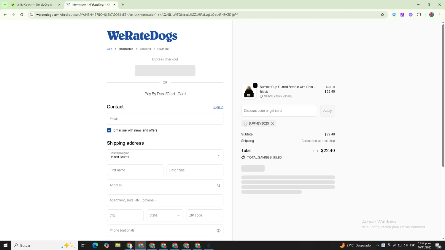 WeRateDogs promo code screenshot showing code SURVEY2025 applied at WeRateDogs checkout page. Uploaded by SimplyCodes community member Joseph_Davis on Nov 17, 2025