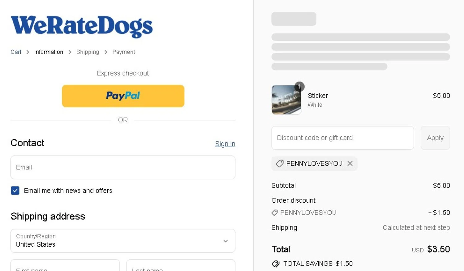 WeRateDogs promo code screenshot showing code PENNYLOVESYOU applied at WeRateDogs checkout page. Uploaded by SimplyCodes community member Elcompa on Sep 10, 2025