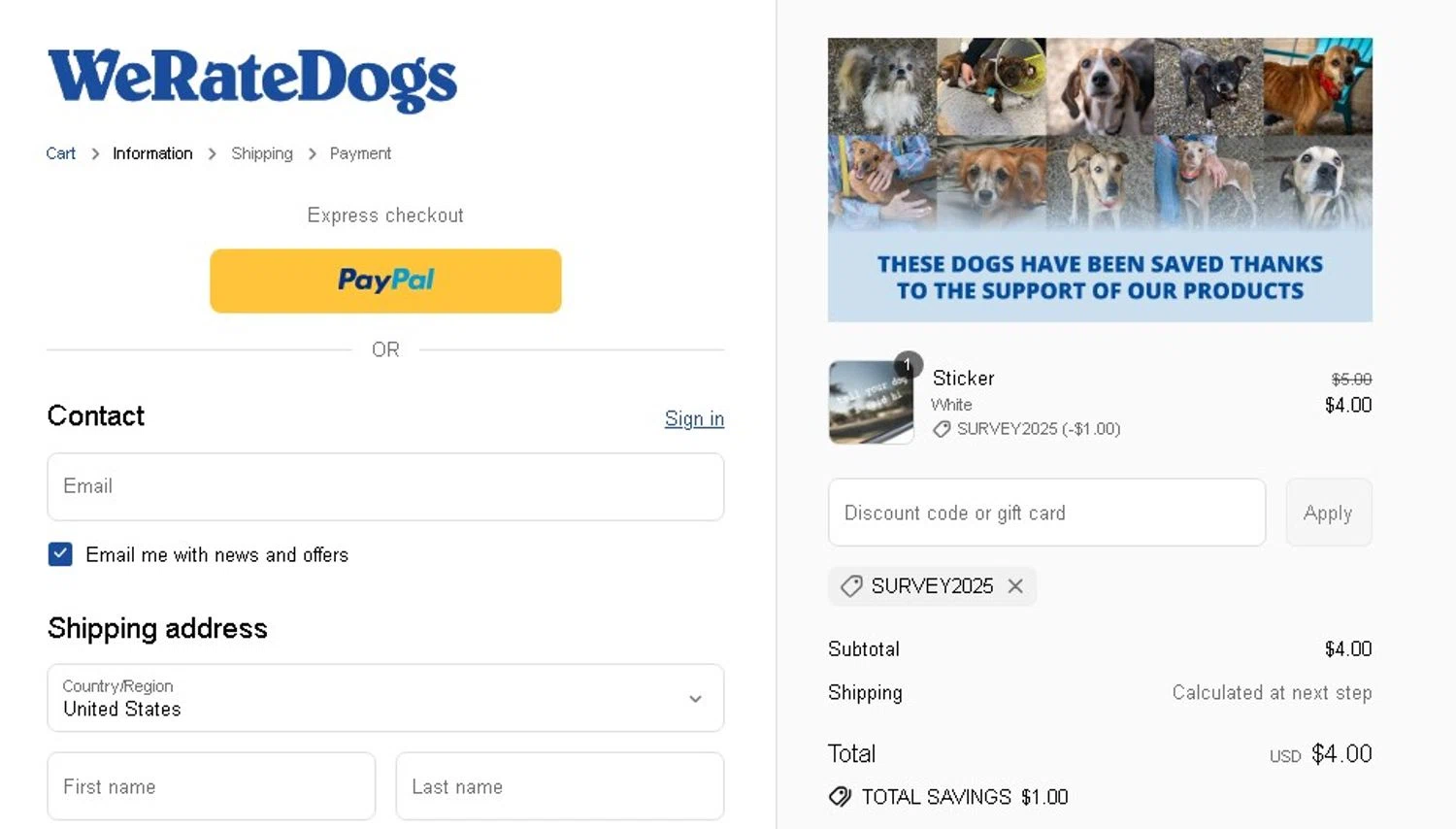 WeRateDogs promo code screenshot showing code SURVEY2025 applied at WeRateDogs checkout page. Uploaded by SimplyCodes community member Elcompa on Sep 10, 2025