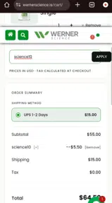 Werner Science coupon verification screenshot