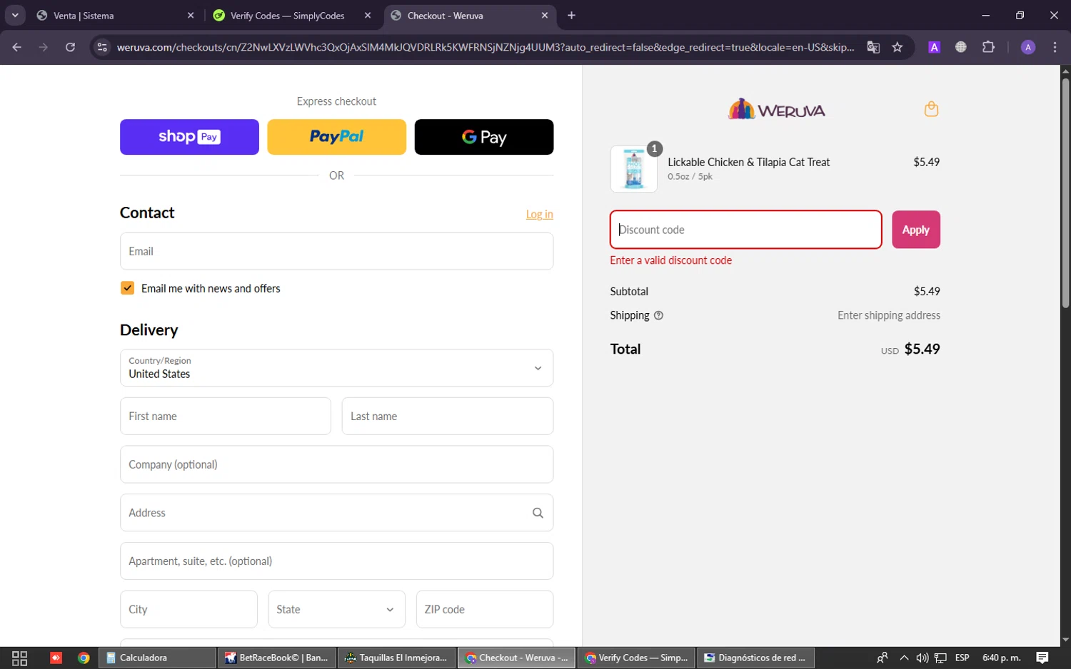 Weruva discount code screenshot showing code PETDAY20 applied at Weruva checkout page. Uploaded by SimplyCodes community member CleverPilot8617 on Apr 19, 2025