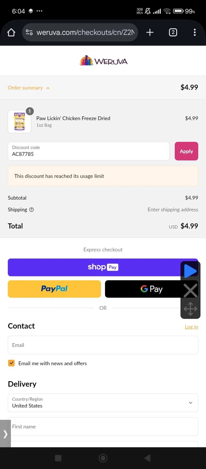 Weruva discount code screenshot showing code AC87785 applied at Weruva checkout page. Uploaded by SimplyCodes community member Jutdcv on Jul 7, 2025