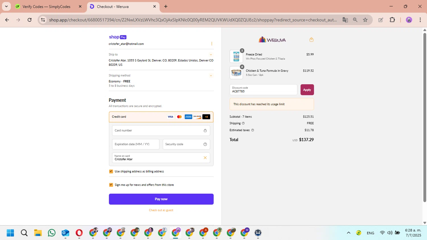 Weruva discount code screenshot showing code AC87785 applied at Weruva checkout page. Uploaded by SimplyCodes community member MariAPB on Jul 7, 2025