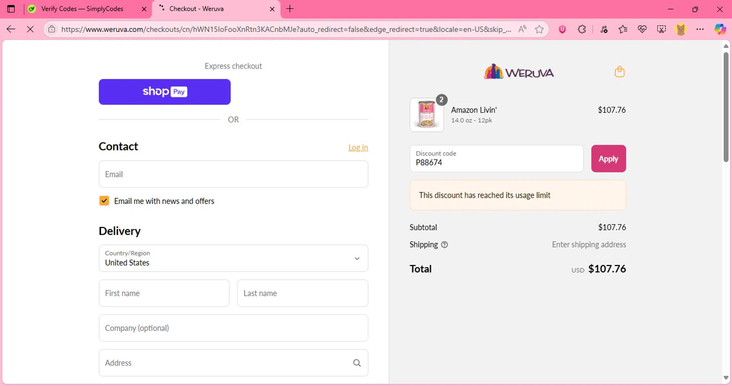 Weruva discount code screenshot showing code P88674 applied at Weruva checkout page. Uploaded by SimplyCodes community member JumanjiValentino on Jul 26, 2025