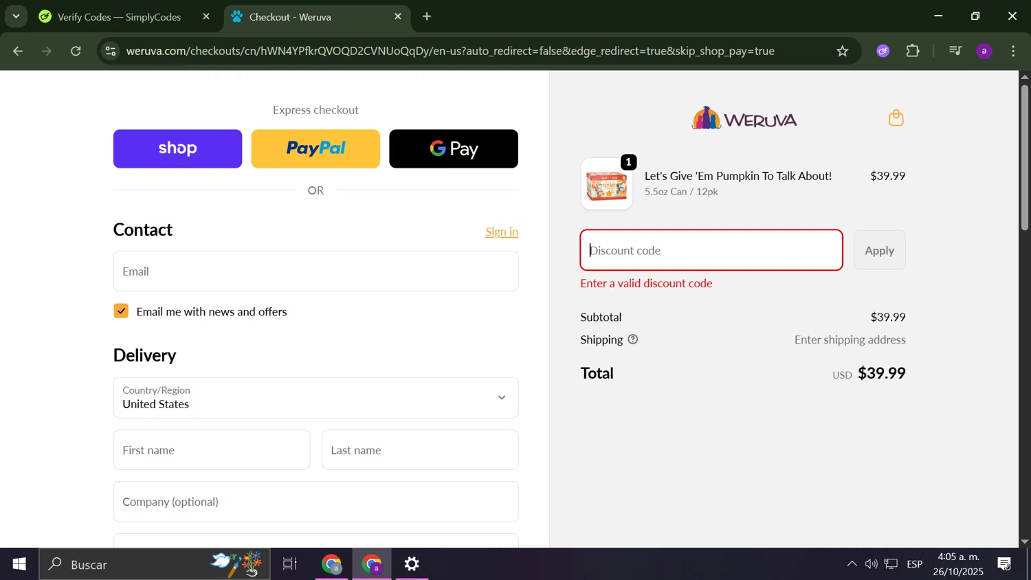 Weruva discount code screenshot showing code PUMPKIN20 applied at Weruva checkout page. Uploaded by SimplyCodes community member Anderson on Oct 26, 2025