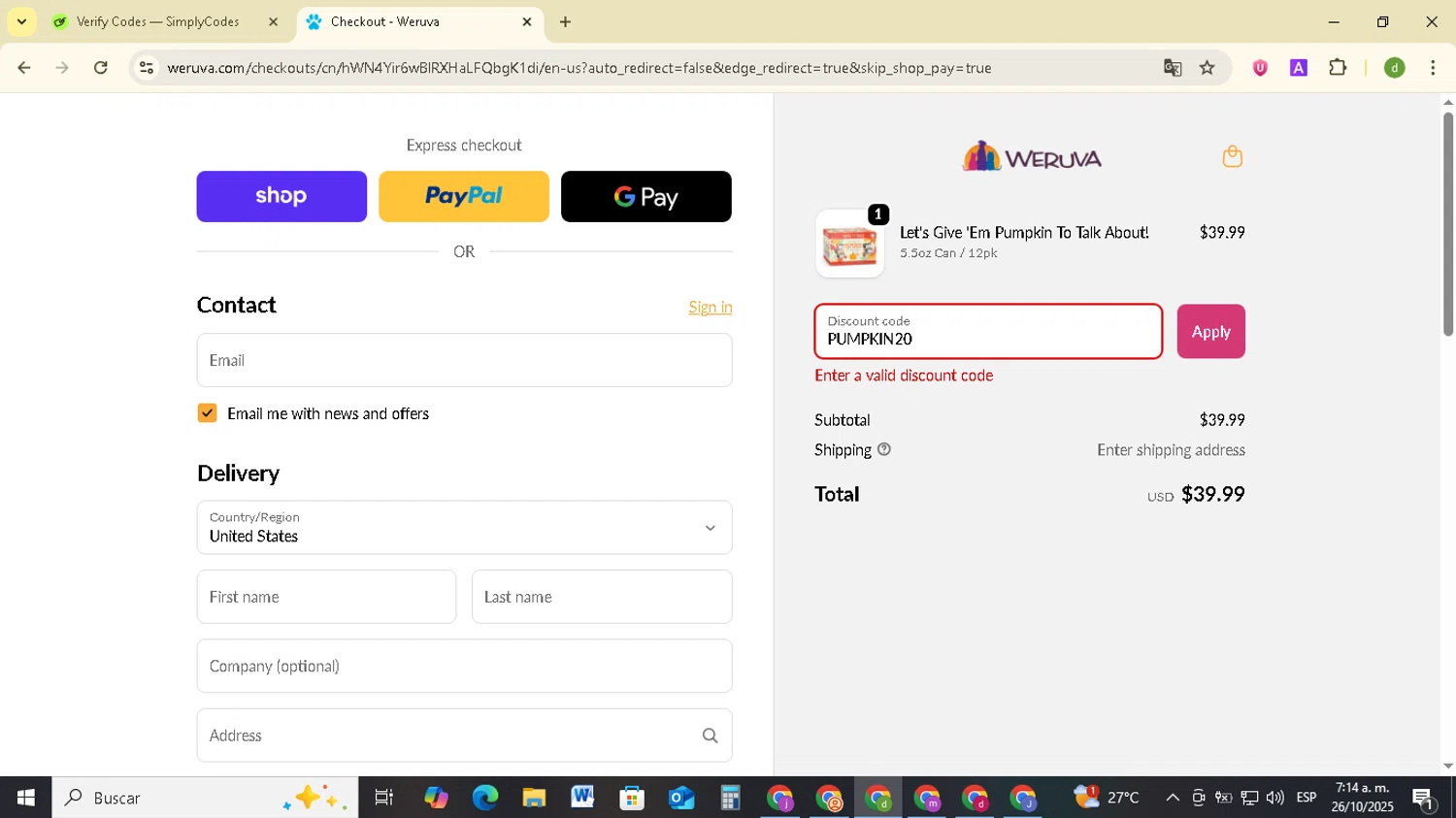 Weruva discount code screenshot showing code PUMPKIN20 applied at Weruva checkout page. Uploaded by SimplyCodes community member SavingsSentinel833 on Oct 26, 2025