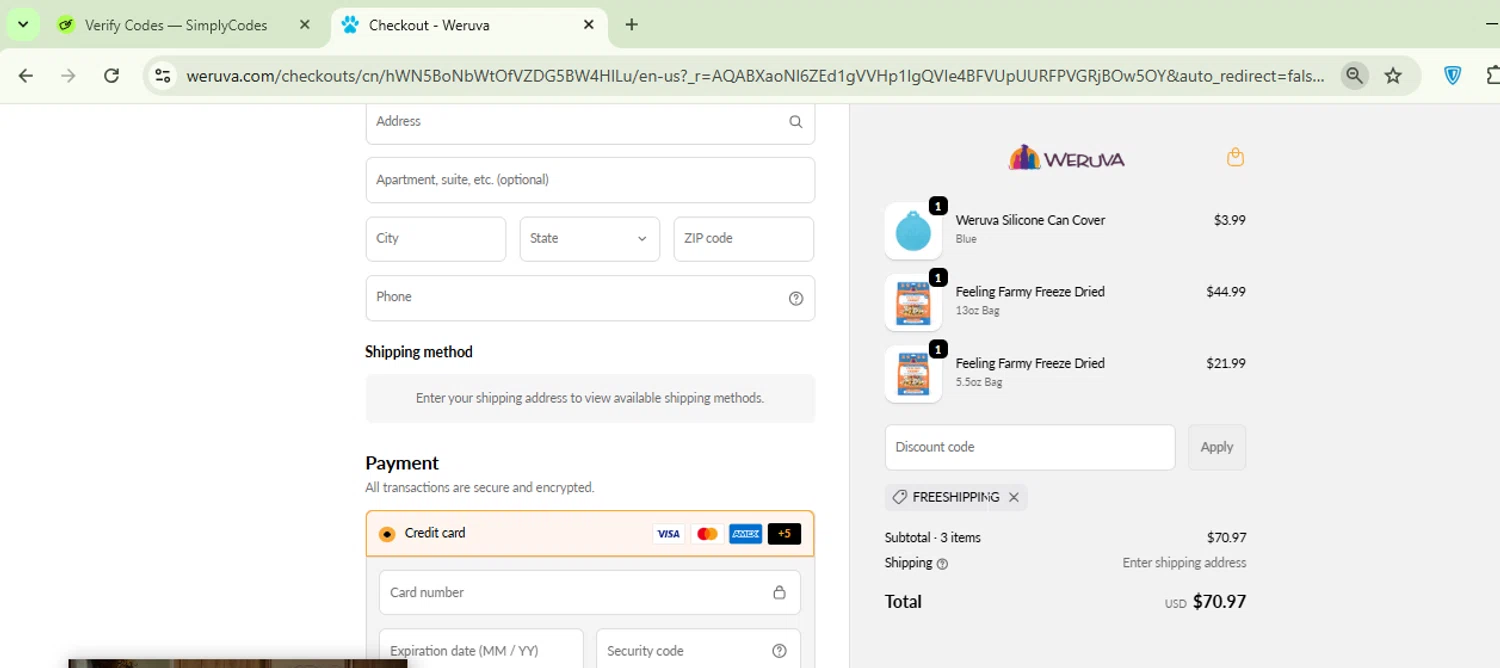 Weruva discount code screenshot showing code Freeshipping applied at Weruva checkout page. Uploaded by SimplyCodes community member Logoteam on Nov 12, 2025
