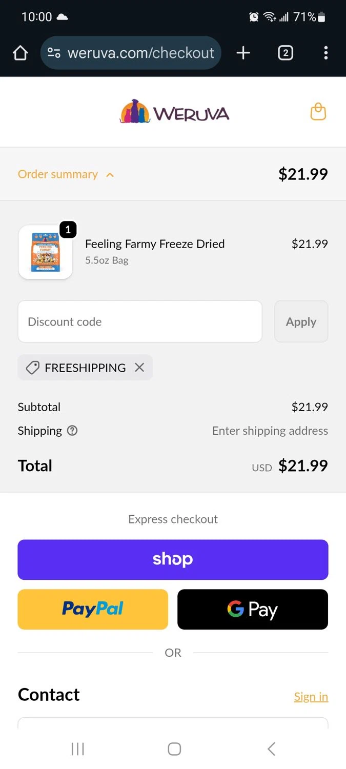 Weruva discount code screenshot showing code Freeshipping applied at Weruva checkout page. Uploaded by SimplyCodes community member Milaya on Nov 12, 2025
