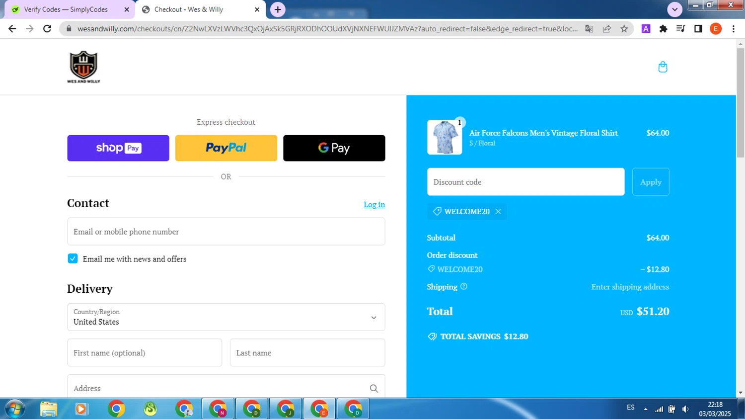 Wes and Willy coupon code screenshot showing code WELCOME20 applied at Wes and Willy checkout page. Uploaded by SimplyCodes community member VoucherScout5024 on Mar 4, 2025