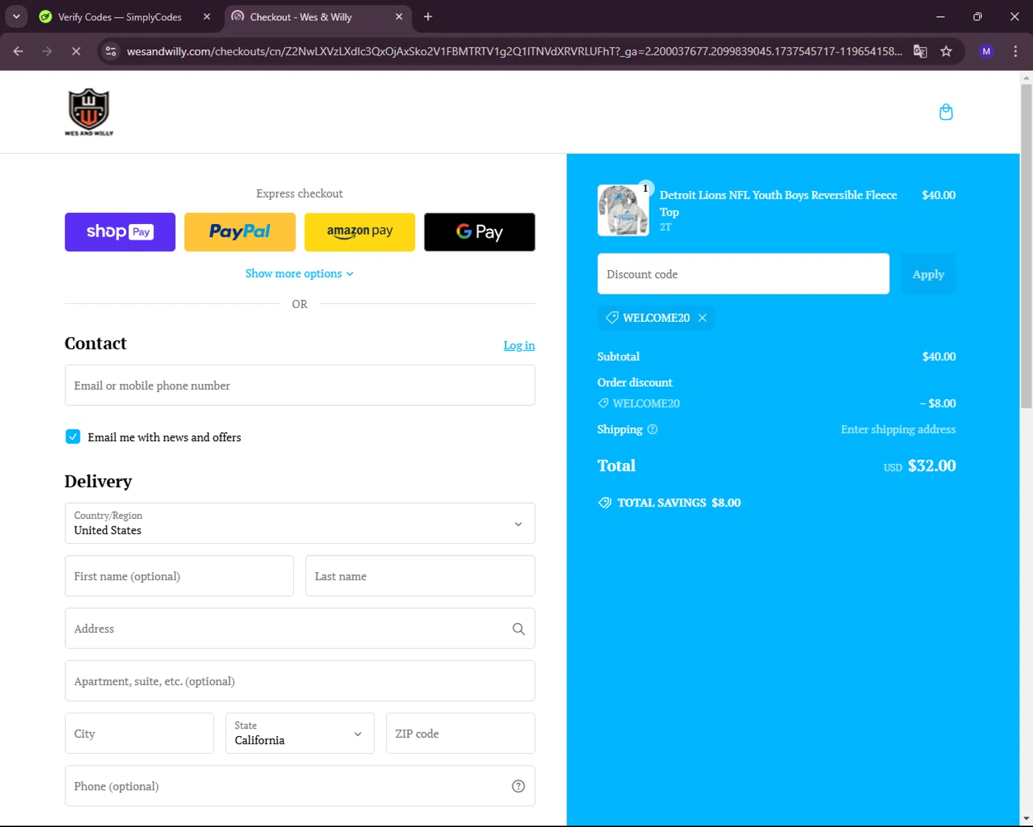 Wes and Willy coupon code screenshot showing code WELCOME20 applied at Wes and Willy checkout page. Uploaded by SimplyCodes community member RewardLynx5307 on Jan 22, 2025