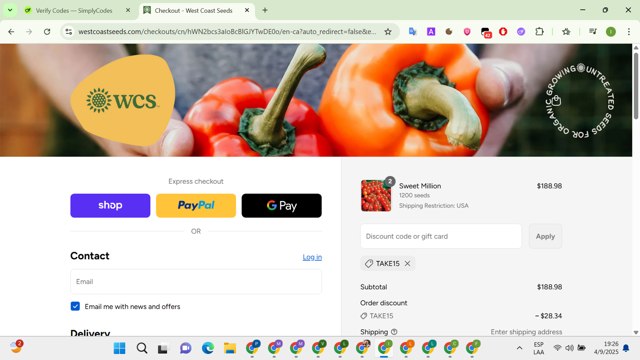 West Coast Seeds checkout page showing West Coast Seeds promo code box | Screenshot taken by SimplyCodes community member on Sep 5, 2025