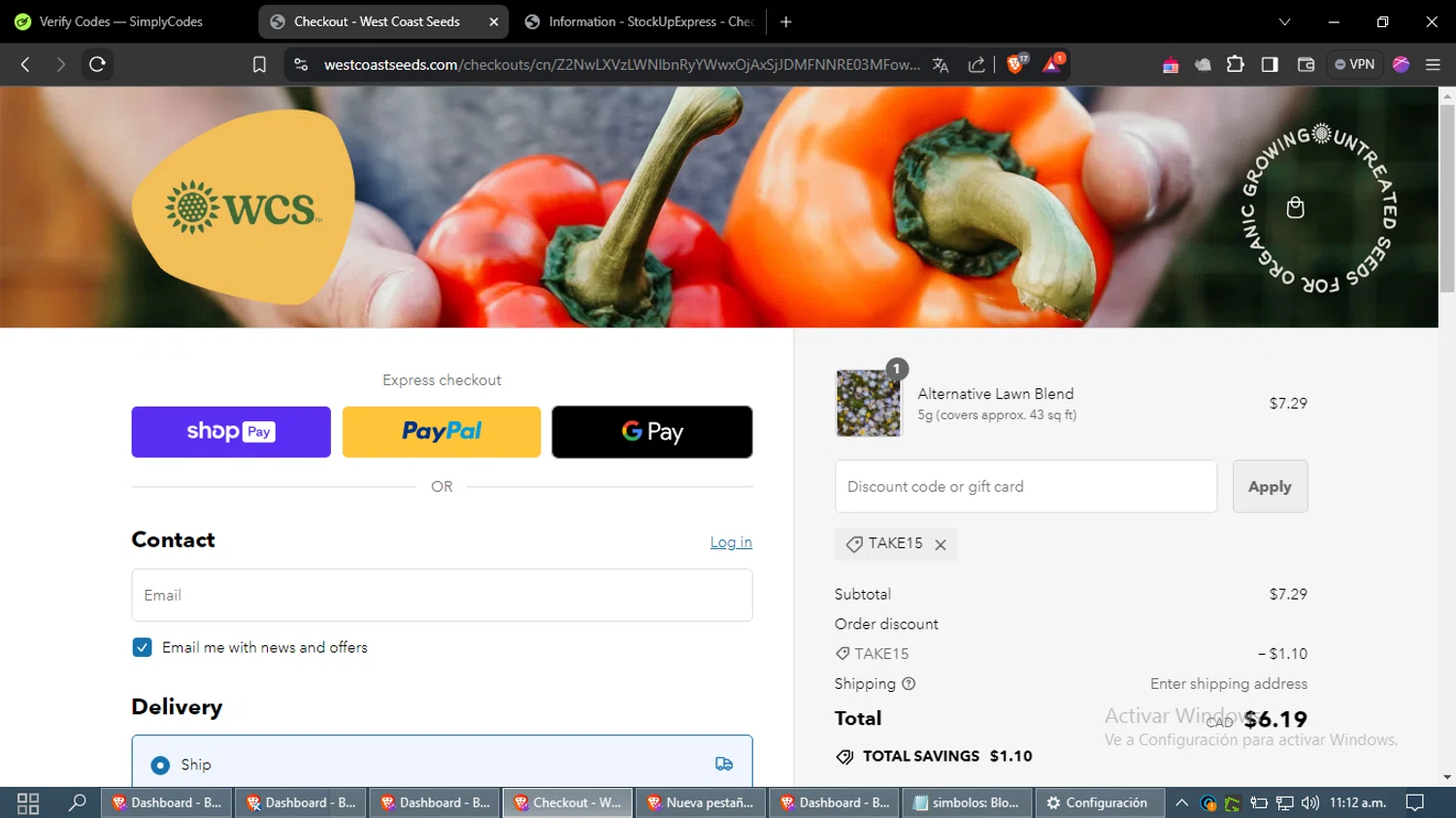 where to use West Coast Seeds promo code box