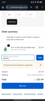 West Coast Vape Supply coupon verification screenshot