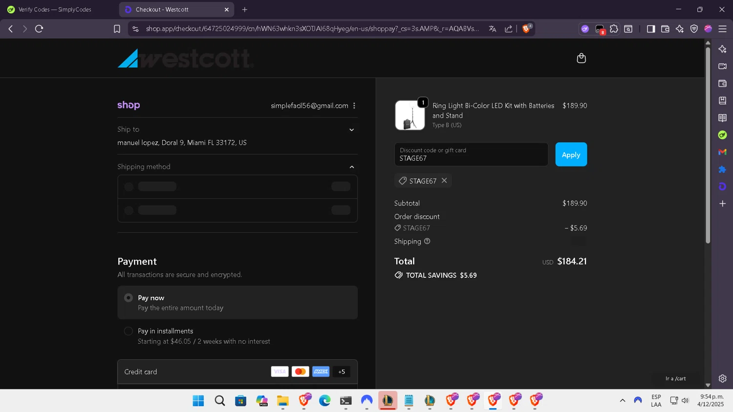 Westcott promo code screenshot showing code STAGE67 applied at Westcott checkout page. Uploaded by SimplyCodes community member NobleLegend6162 on Dec 5, 2025