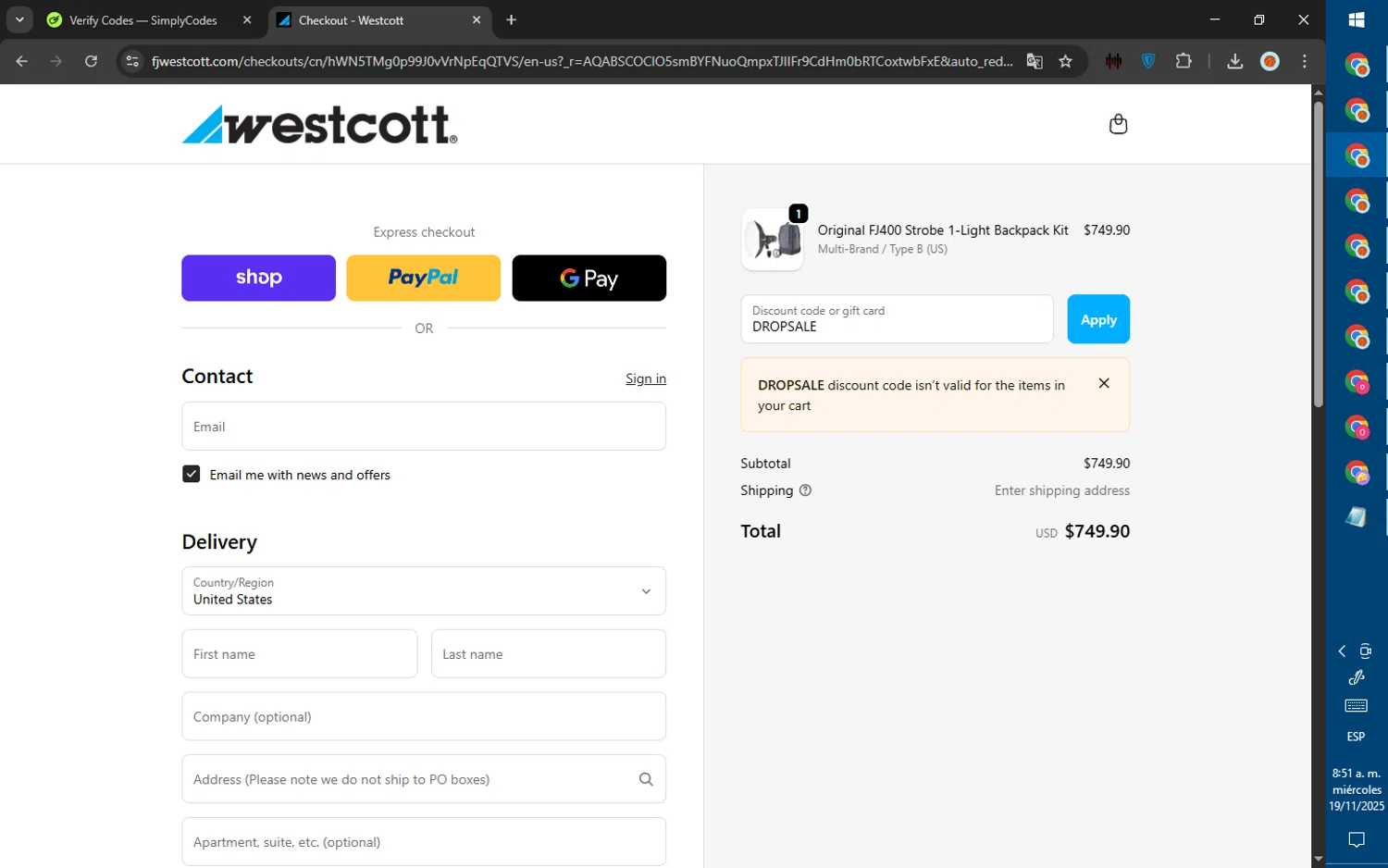 Westcott promo code screenshot showing code DROPSALE applied at Westcott checkout page. Uploaded by SimplyCodes community member ValiantWarden8956 on Nov 19, 2025