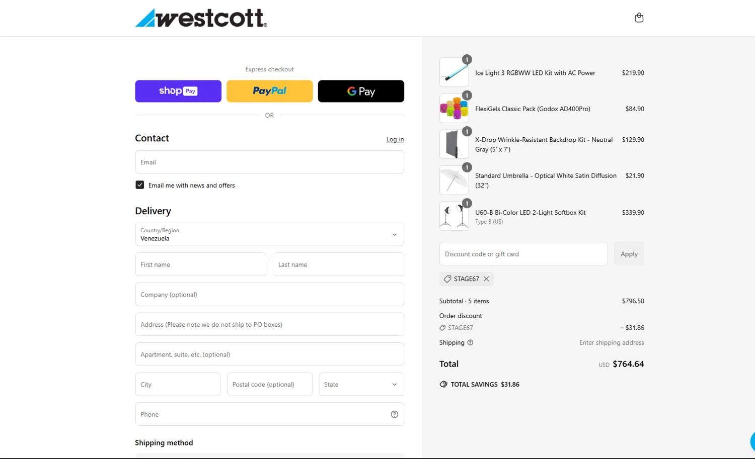 Westcott promo code screenshot showing code STAGE67 applied at Westcott checkout page. Uploaded by SimplyCodes community member vctr7w7x on Apr 25, 2025