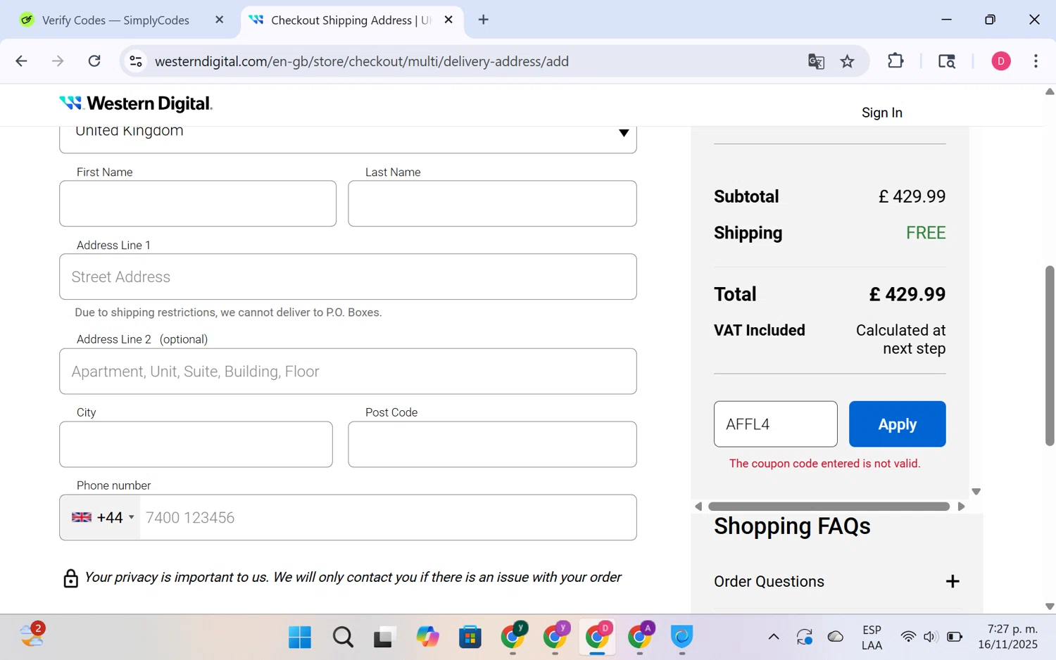 Western Digital UK discount code screenshot showing code AFFL4 applied at Western Digital UK checkout page. Uploaded by SimplyCodes community member LuckyHero4650 on Nov 16, 2025
