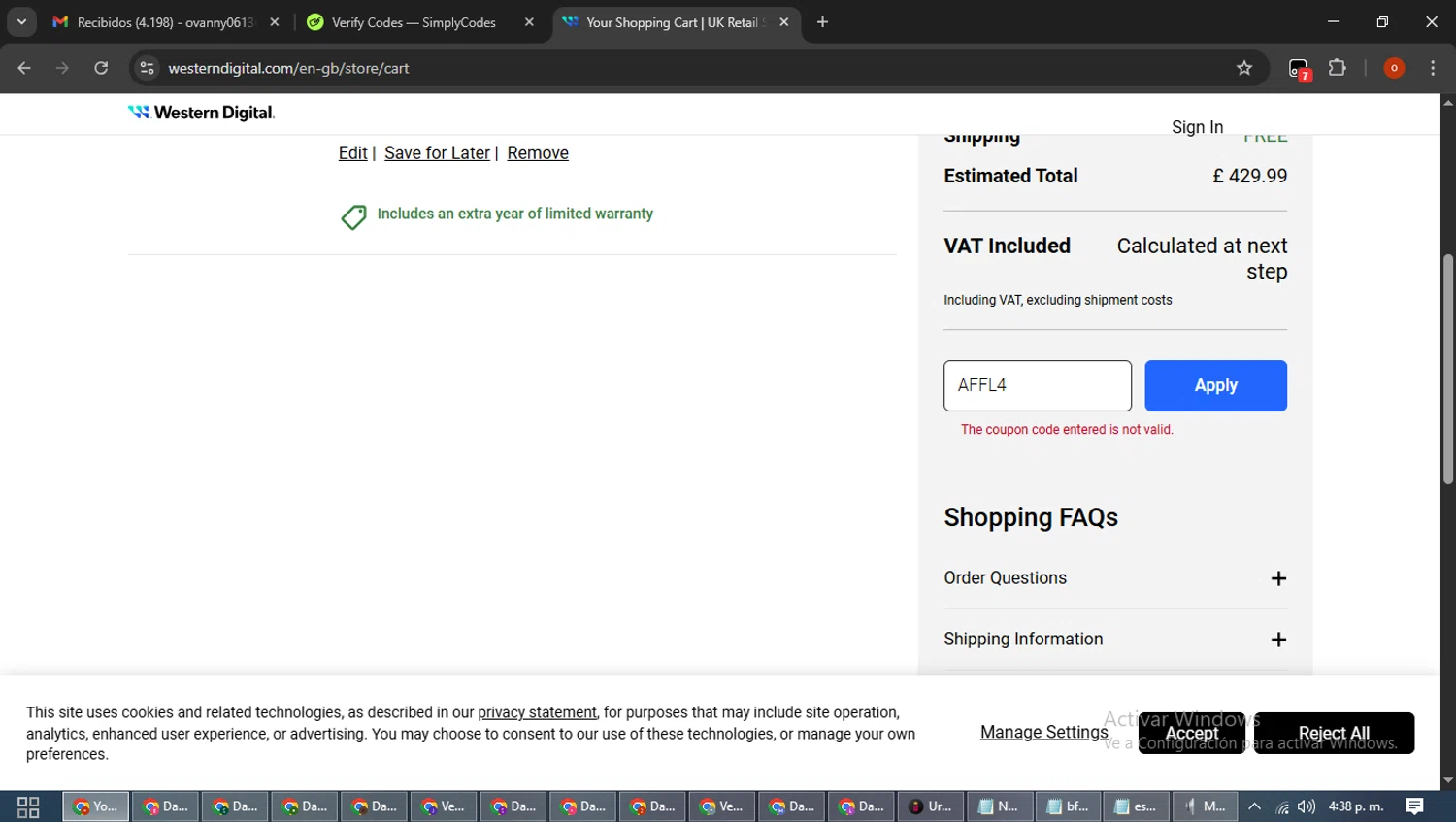 Western Digital UK discount code screenshot showing code AFFL4 applied at Western Digital UK checkout page. Uploaded by SimplyCodes community member WiseTracker2171 on Nov 16, 2025