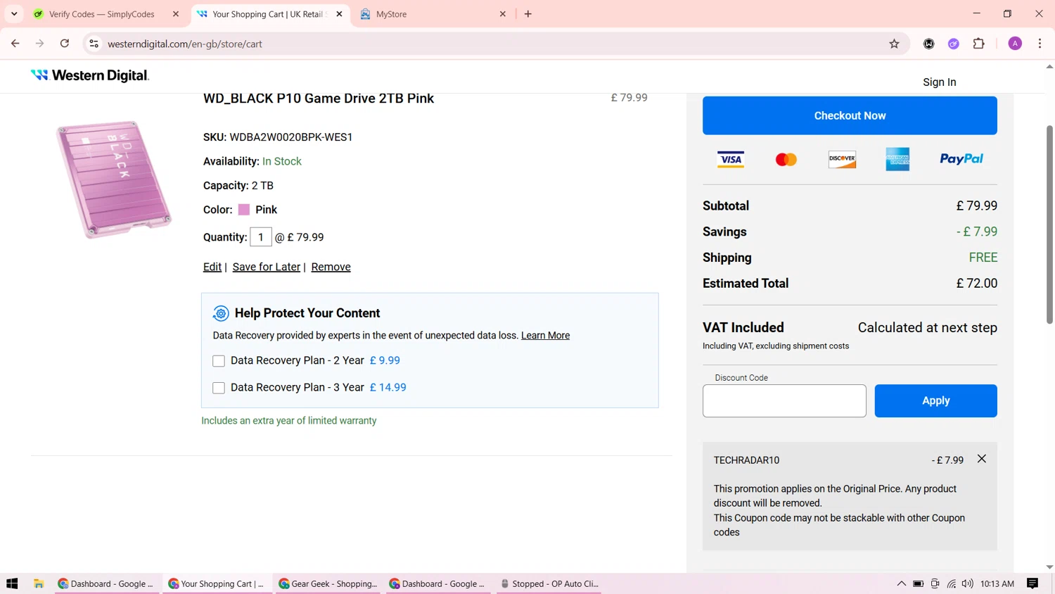 Western Digital UK discount code screenshot showing code TECHRADAR10 applied at Western Digital UK checkout page. Uploaded by SimplyCodes community member ShrewdMaverick9198 on Jul 17, 2025