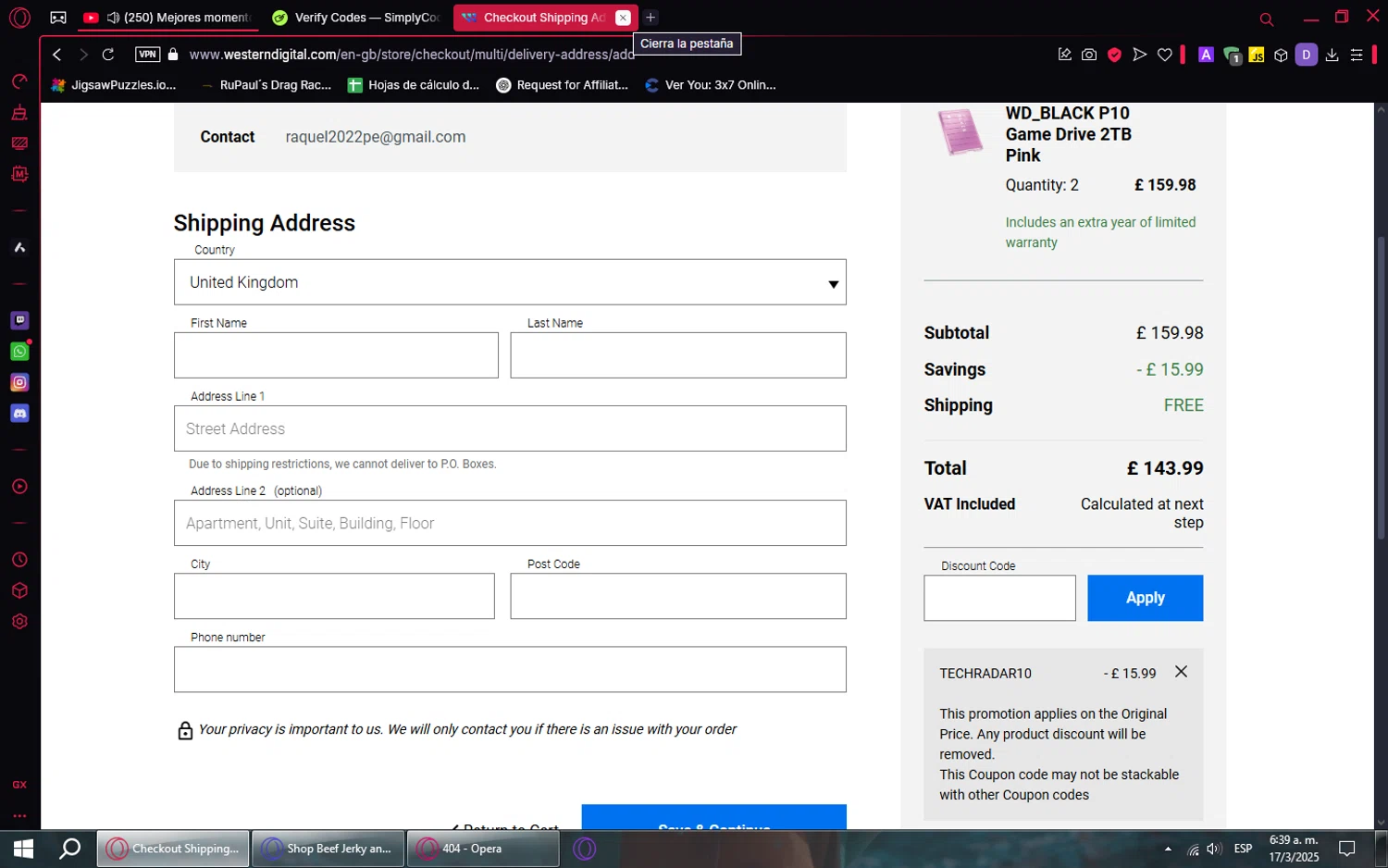 Western Digital UK discount code screenshot showing code TECHRADAR10 applied at Western Digital UK checkout page. Uploaded by SimplyCodes community member WalterWhite on Mar 17, 2025