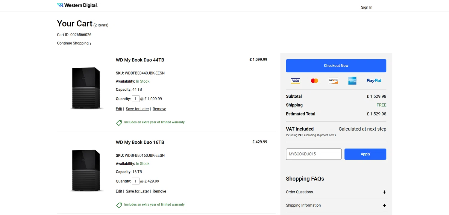 Western Digital UK discount code screenshot showing code MYBOOKDUO15 applied at Western Digital UK checkout page. Uploaded by SimplyCodes community member Dorothy on Dec 9, 2025