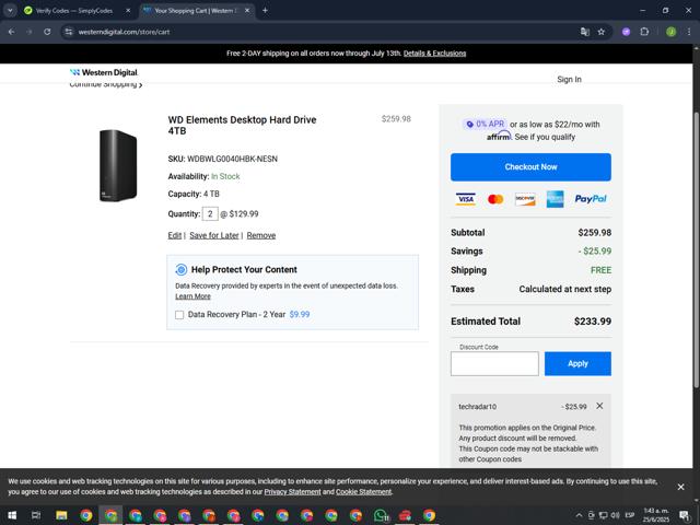 Western Digital checkout page showing Western Digital promo code box | Screenshot taken by SimplyCodes community member on Jun 25, 2025