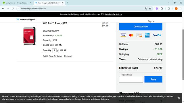 Western Digital checkout page showing Western Digital promo code box | Screenshot taken by SimplyCodes community member on Jun 18, 2025