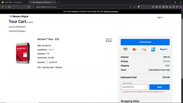 Western Digital checkout page showing Western Digital promo code box | Screenshot taken by SimplyCodes community member on Jun 25, 2025