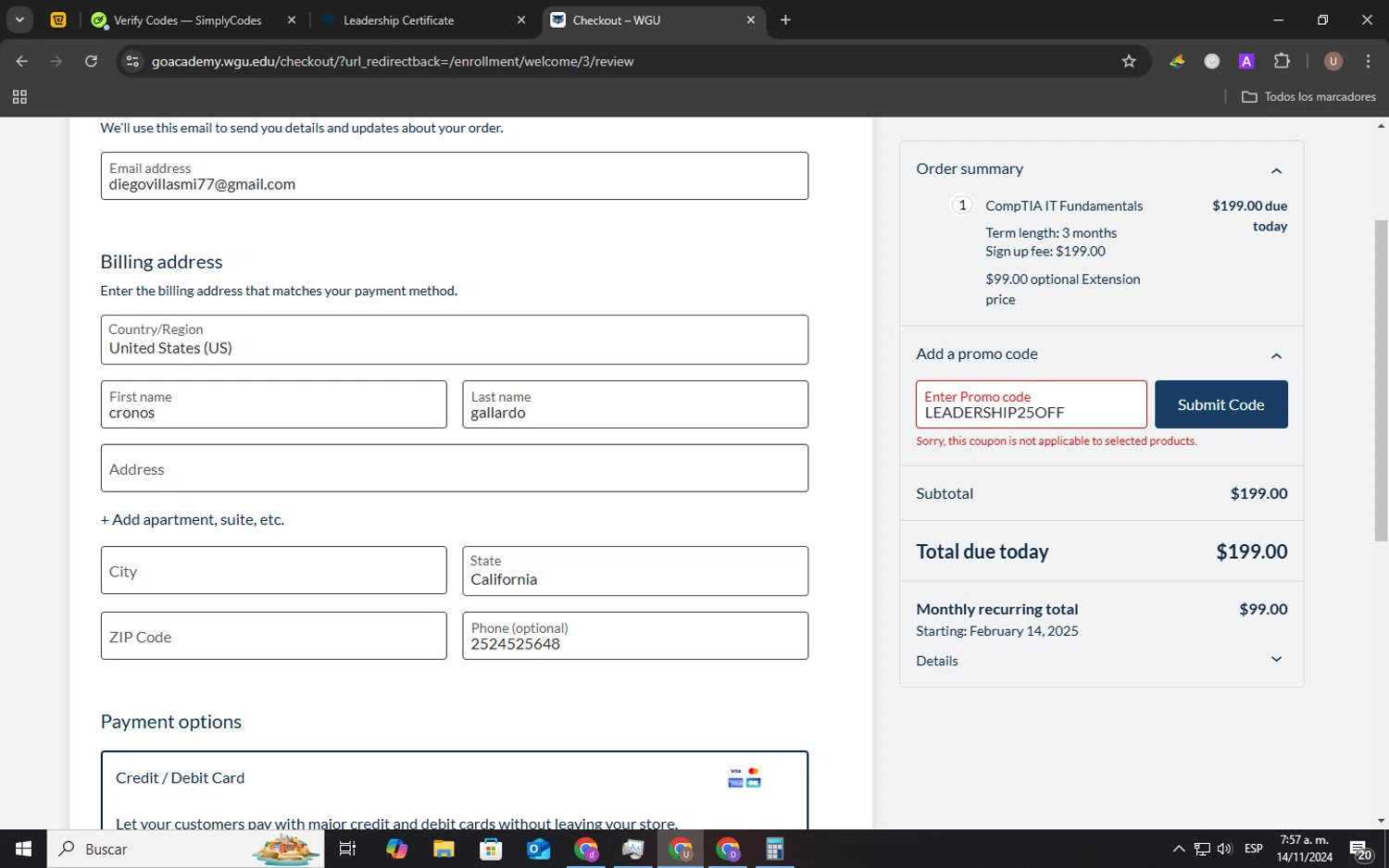 Western Governors University checkout page showing Western Governors University promo code box | Screenshot taken by SimplyCodes community member on Nov 14, 2024