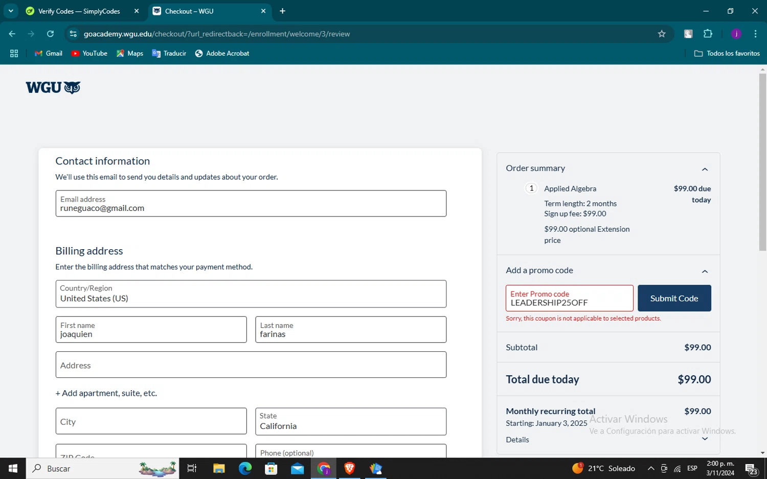 Western Governors University checkout page showing Western Governors University promo code box | Screenshot taken by SimplyCodes community member on Nov 3, 2024