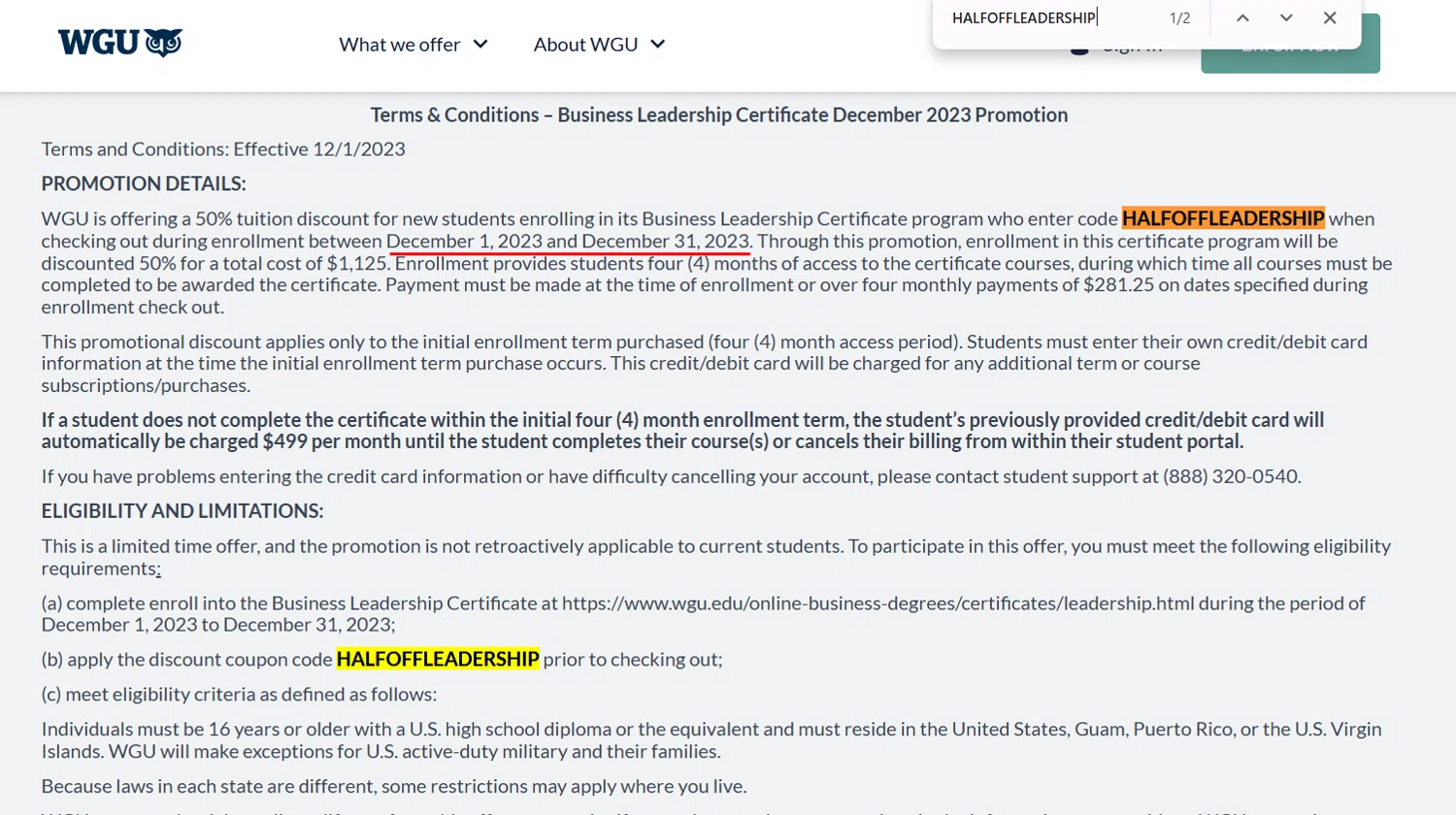 Western Governors University promo code screenshot showing code HALFOFFLEADERSHIP applied at Western Governors University checkout page. Uploaded by SimplyCodes community member berdetweet on Feb 20, 2025
