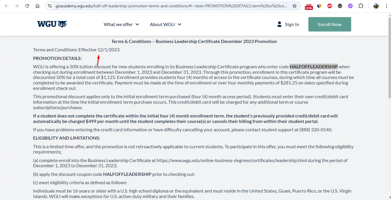 Western Governors University promo code screenshot showing code HALFOFFLEADERSHIP applied at Western Governors University checkout page. Uploaded by SimplyCodes community member gonzalodamole on Jan 13, 2025
